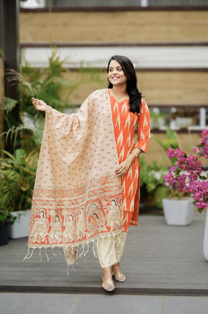 Pari -Orange Ikkat  Cotton 3 piece Set with madubhani dupptta