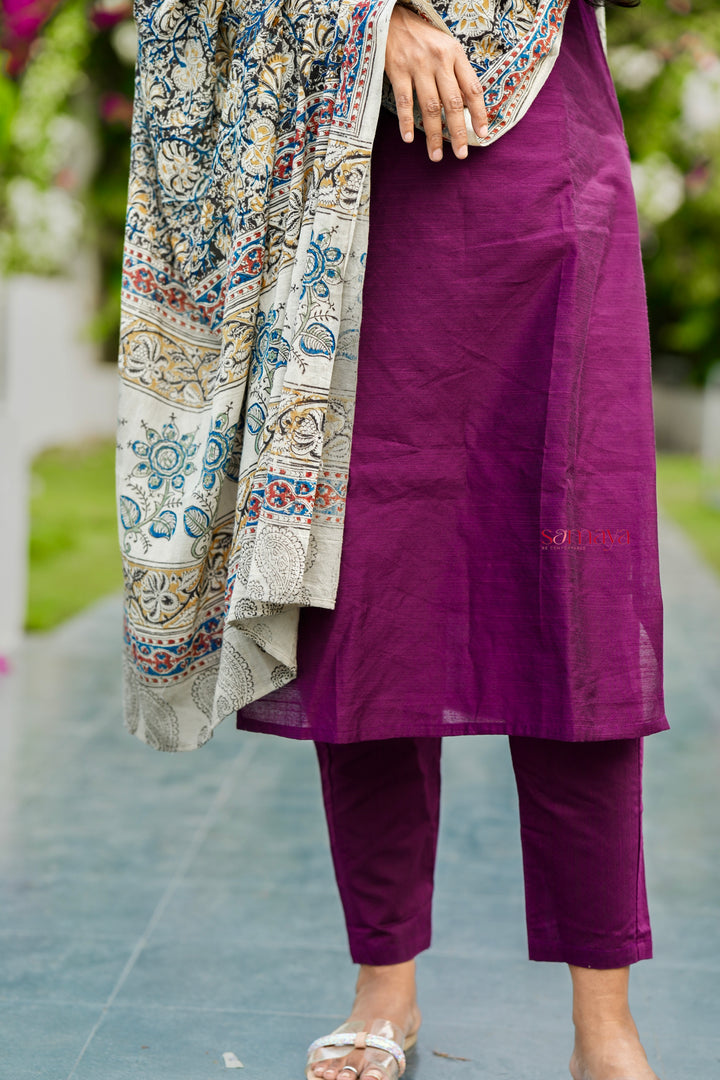 Kayal Raw silk top bottom set with  kalamkari  dupptta set of 3 ( pre order