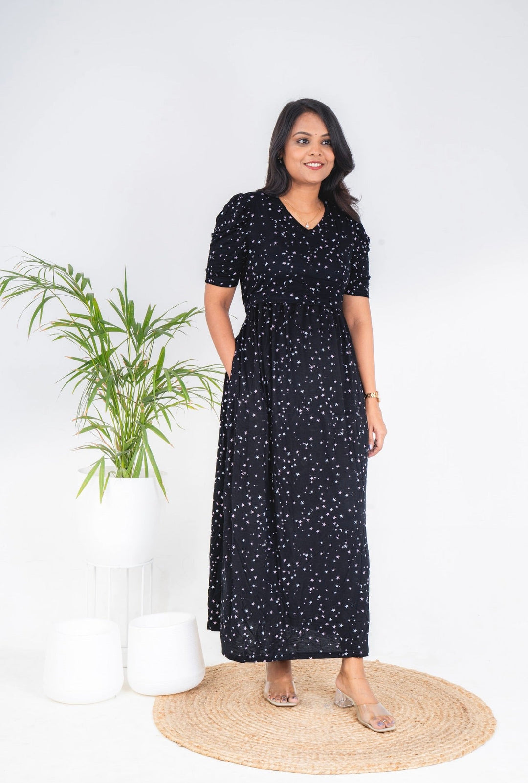 Black stardust nursing gown with V-neck, puff elbow sleeves, and nursing flap for easy feeding