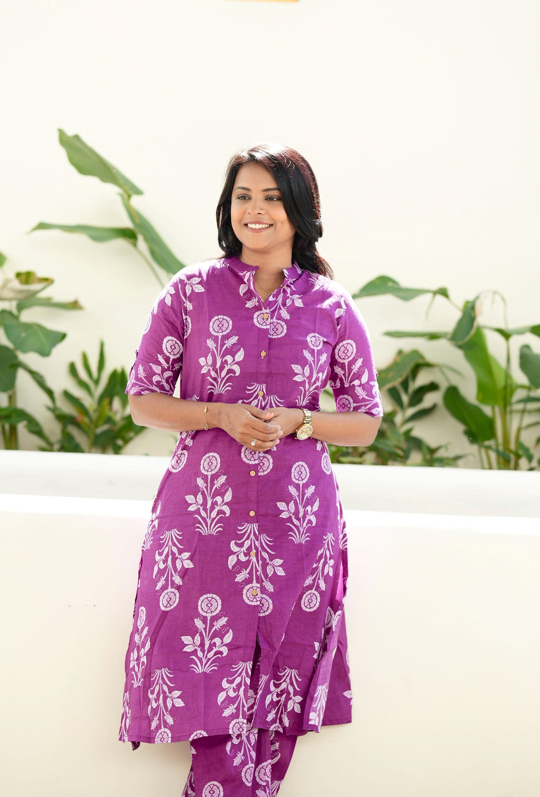 Purple flower cotton kurta set (button opening)