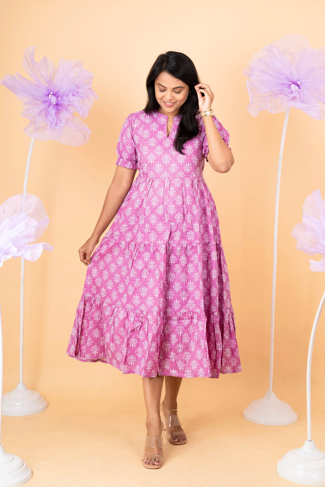 Ishita casual dress maternity cotton floral print with collar neck and puff sleeves