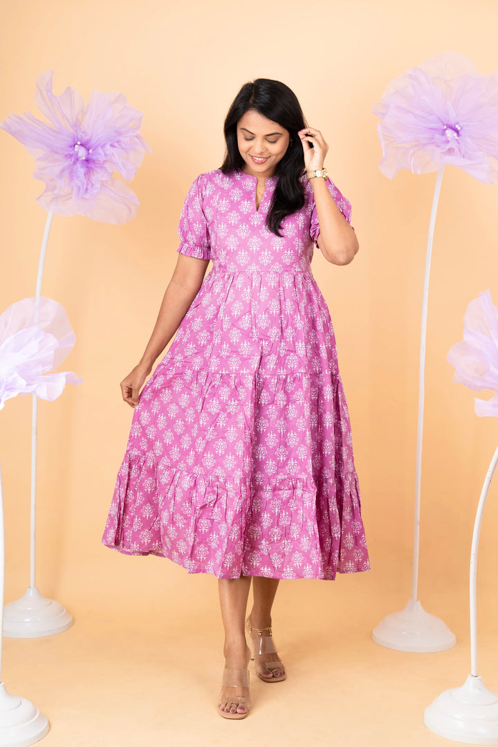 Ishita casual dress maternity cotton floral print with collar neck and puff sleeves