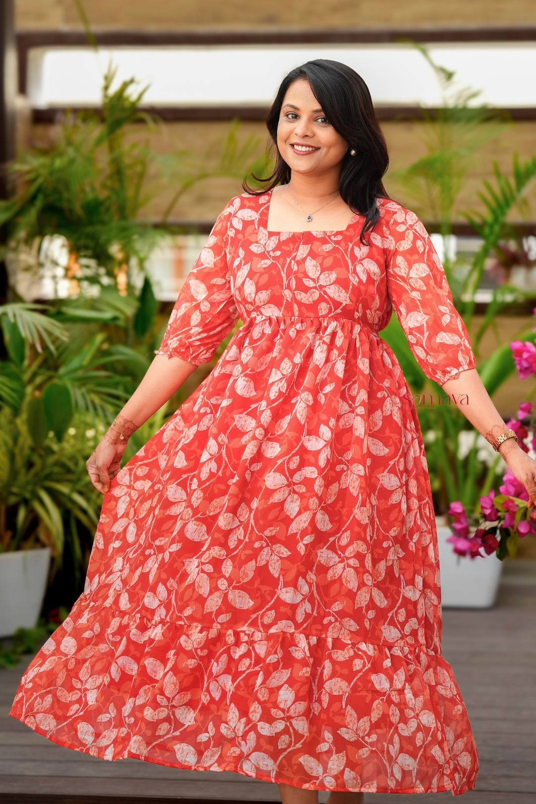 Red georgette casual Dress With Lining ( No-Iron Everyday Dress)