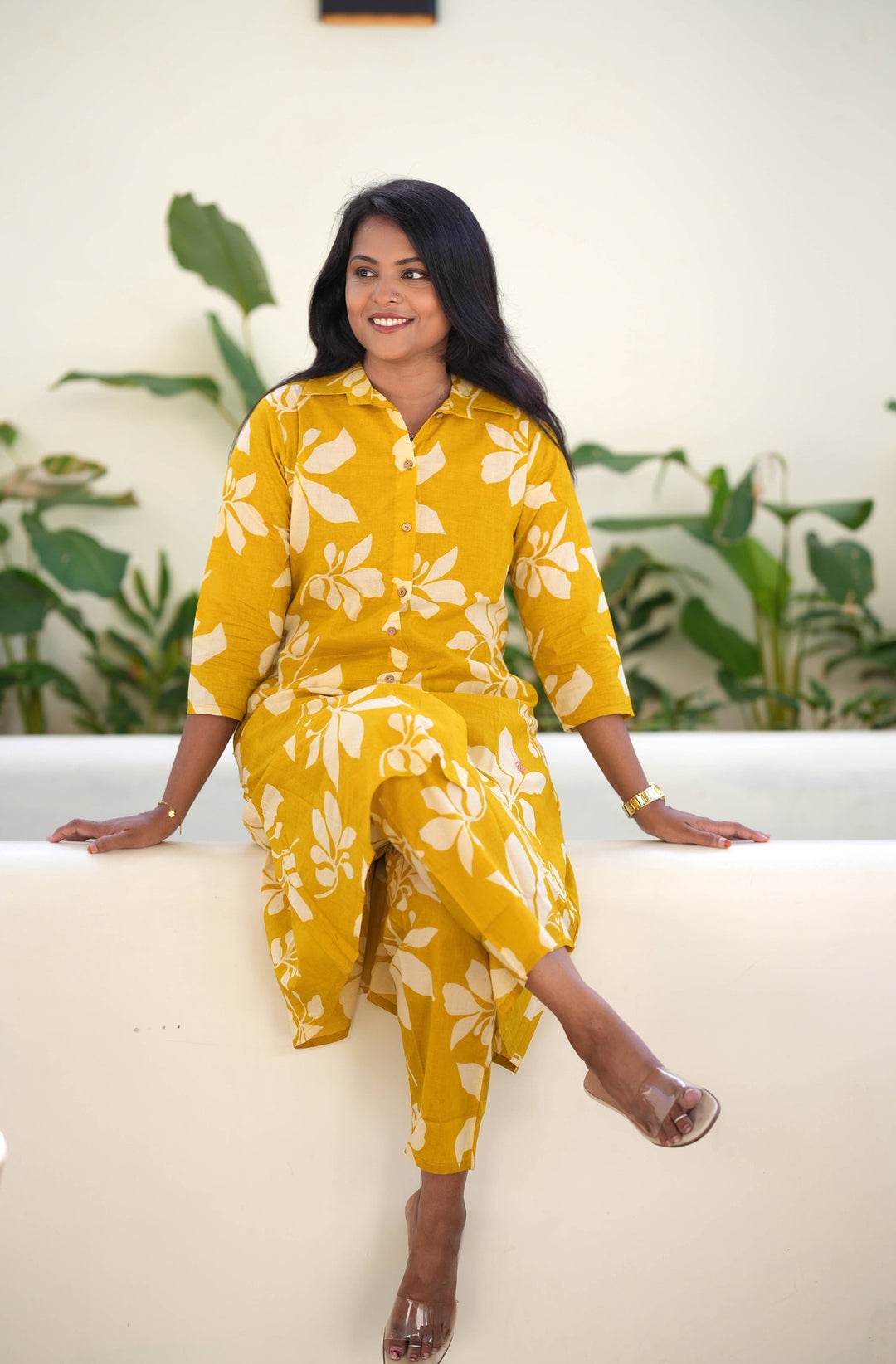 Yellow cotton kurta set (button opening)