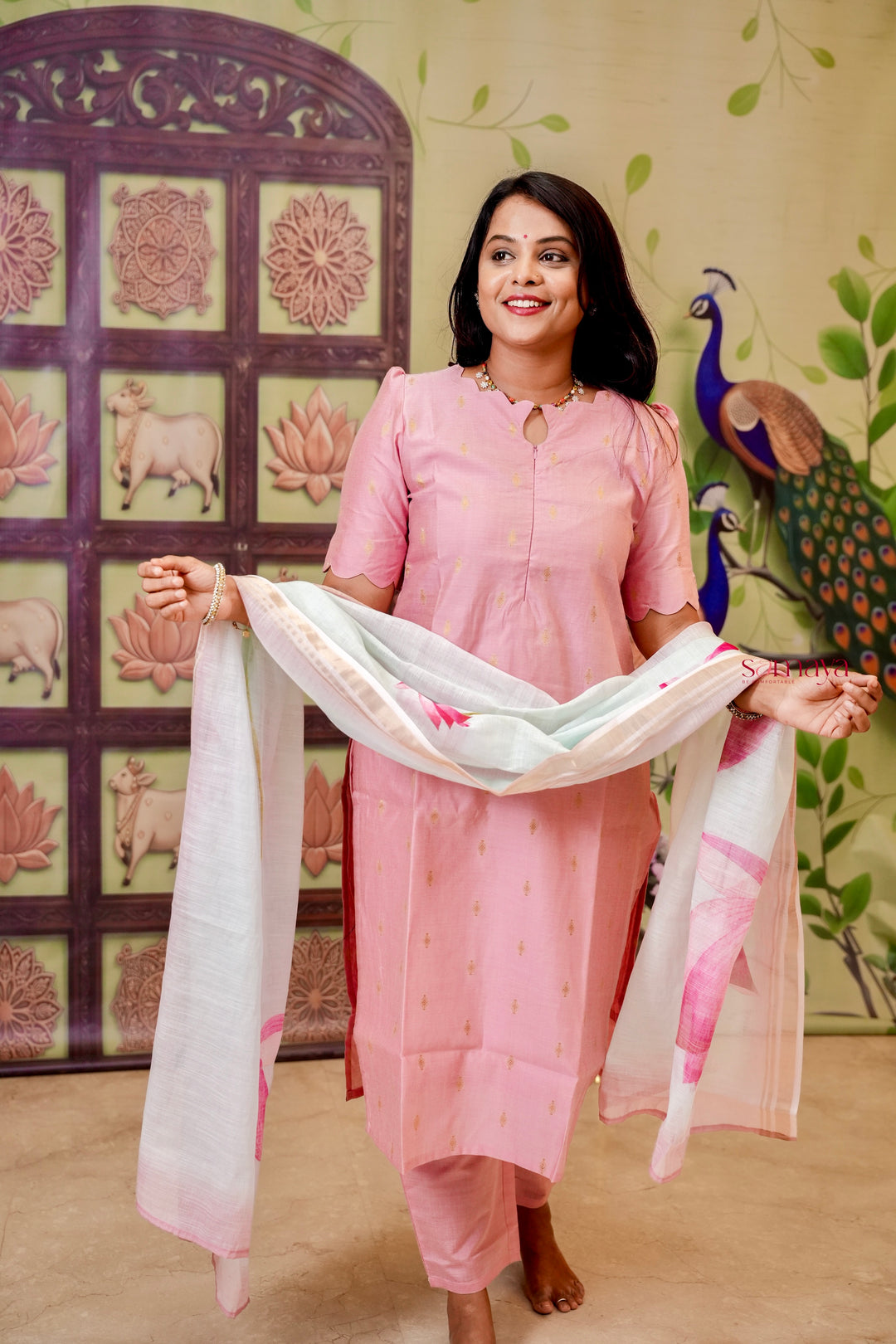 Malar - baby pink  raw silk Kurta Set of 3