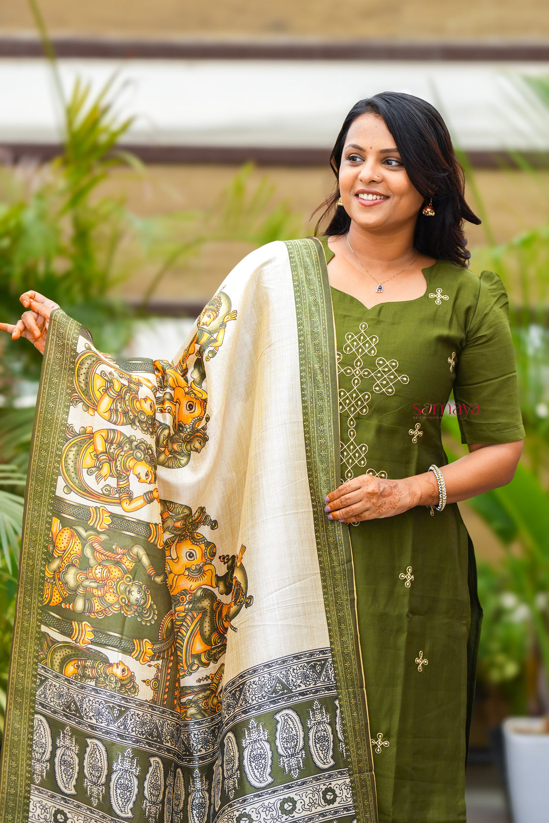 Saanvi-green kollam  3 piece salwar suit set with printed kalamkari dupptta