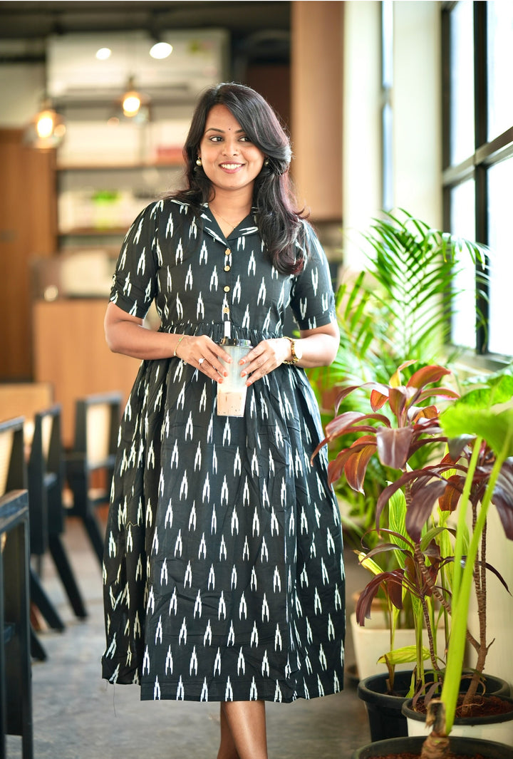 Black Ikkat casual  Dress With Lining