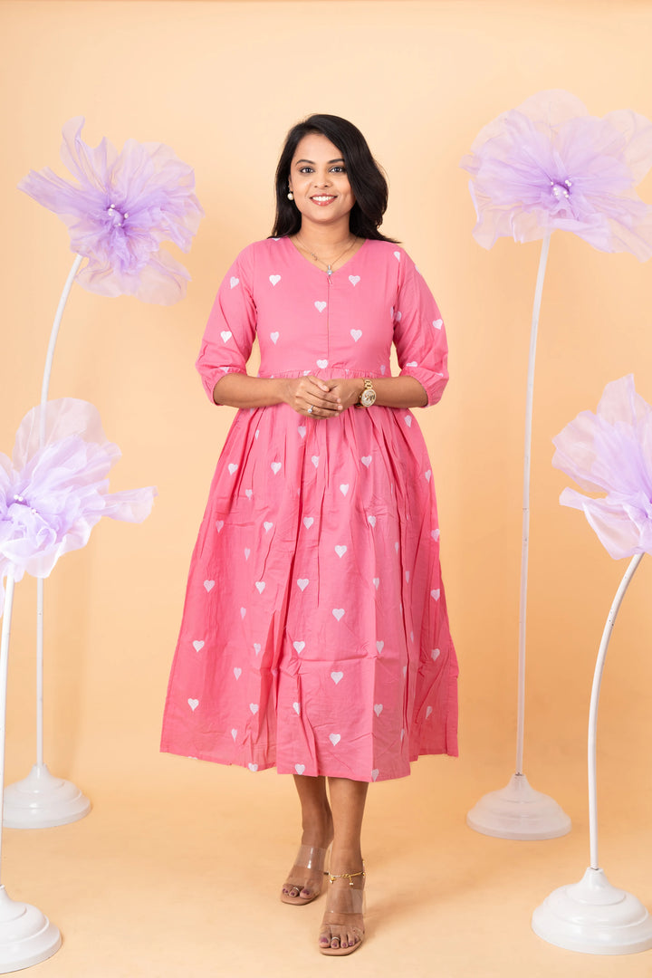 Baby Pink heart embroidered pure cotton casual  Dress With Lining