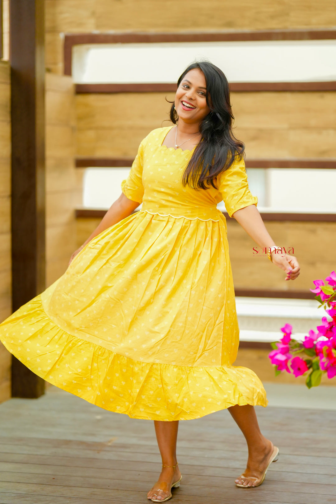 Yellow Casual Dress With Lining( Wrinkle-Free Cotton Blend Dress)