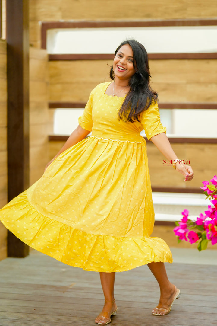 Yellow Casual Dress With Lining( Wrinkle-Free Cotton Blend Dress)