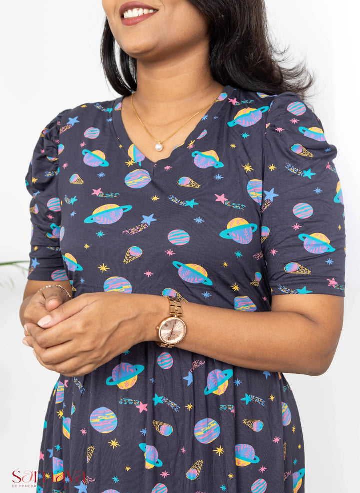 Maxi Grey Planet Light Weight Dress( Minor embroidery variation so sold at sale price )
