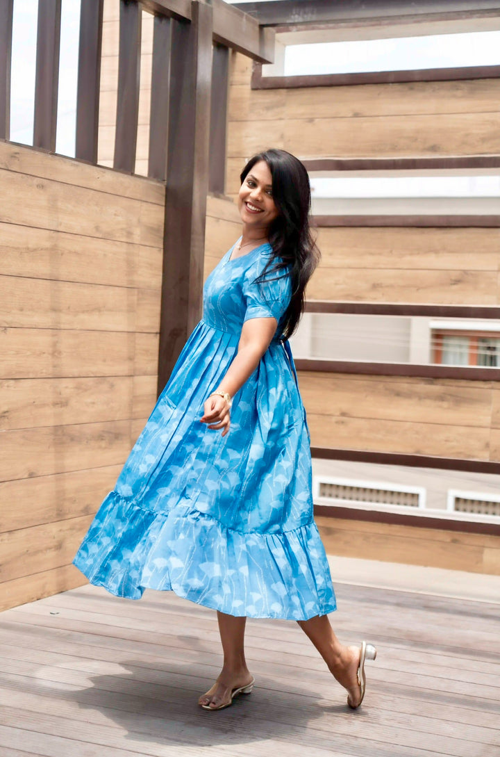 Skyblue Dot Casual Dress With Lining