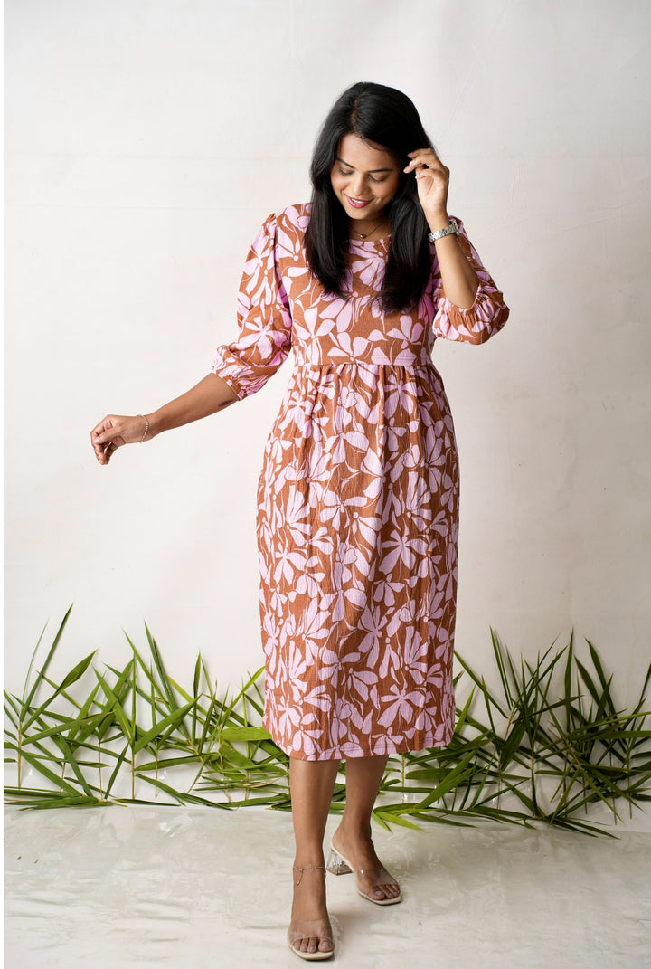 Midi Bubblegum  Floral waffle  casual Dress
