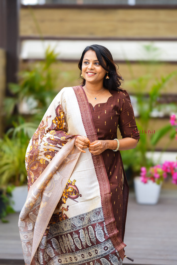 Kaapi- 3 piece salwar suit set with printed kalamkari dupatta