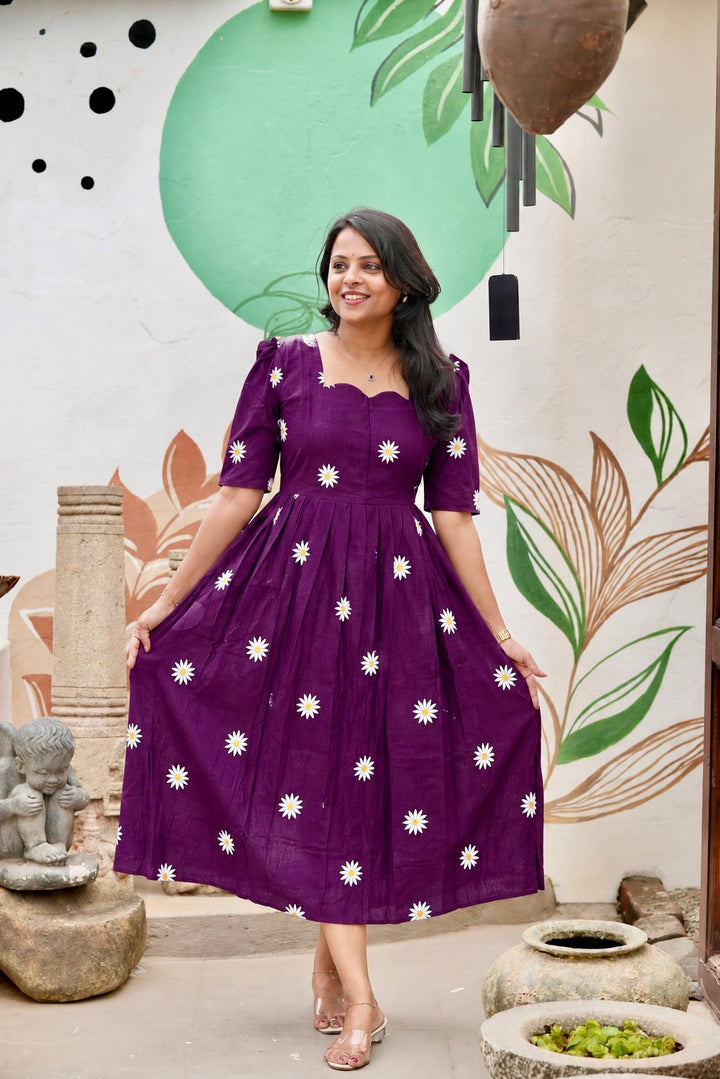 Daisy -purple embroidery Casual Dress With Lining