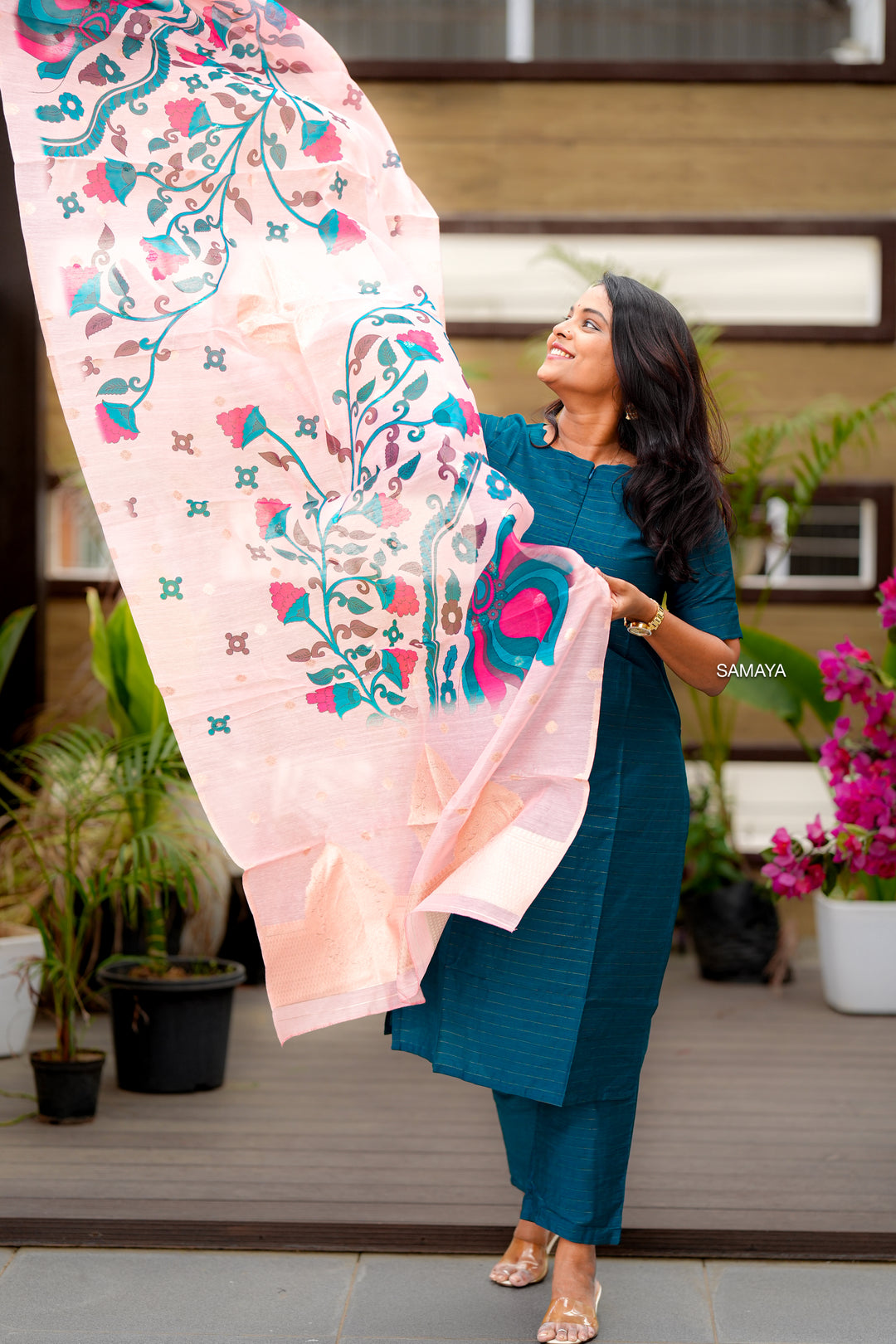 Peacock raw silk suit set of 3 with linen gold border