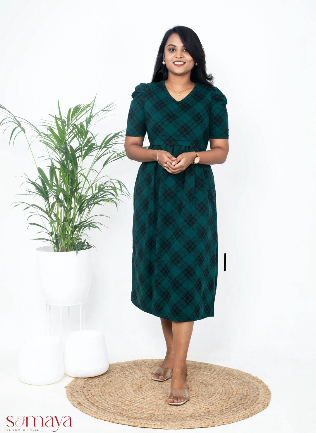 Midi Green Checked Light Weight Dress ( minor embroidery variation so sold at t sale price)