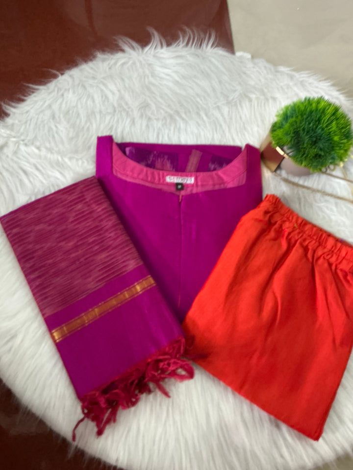 Shanthini -  Pink with orange  3 piece Pochampally  suit set with Dupatta