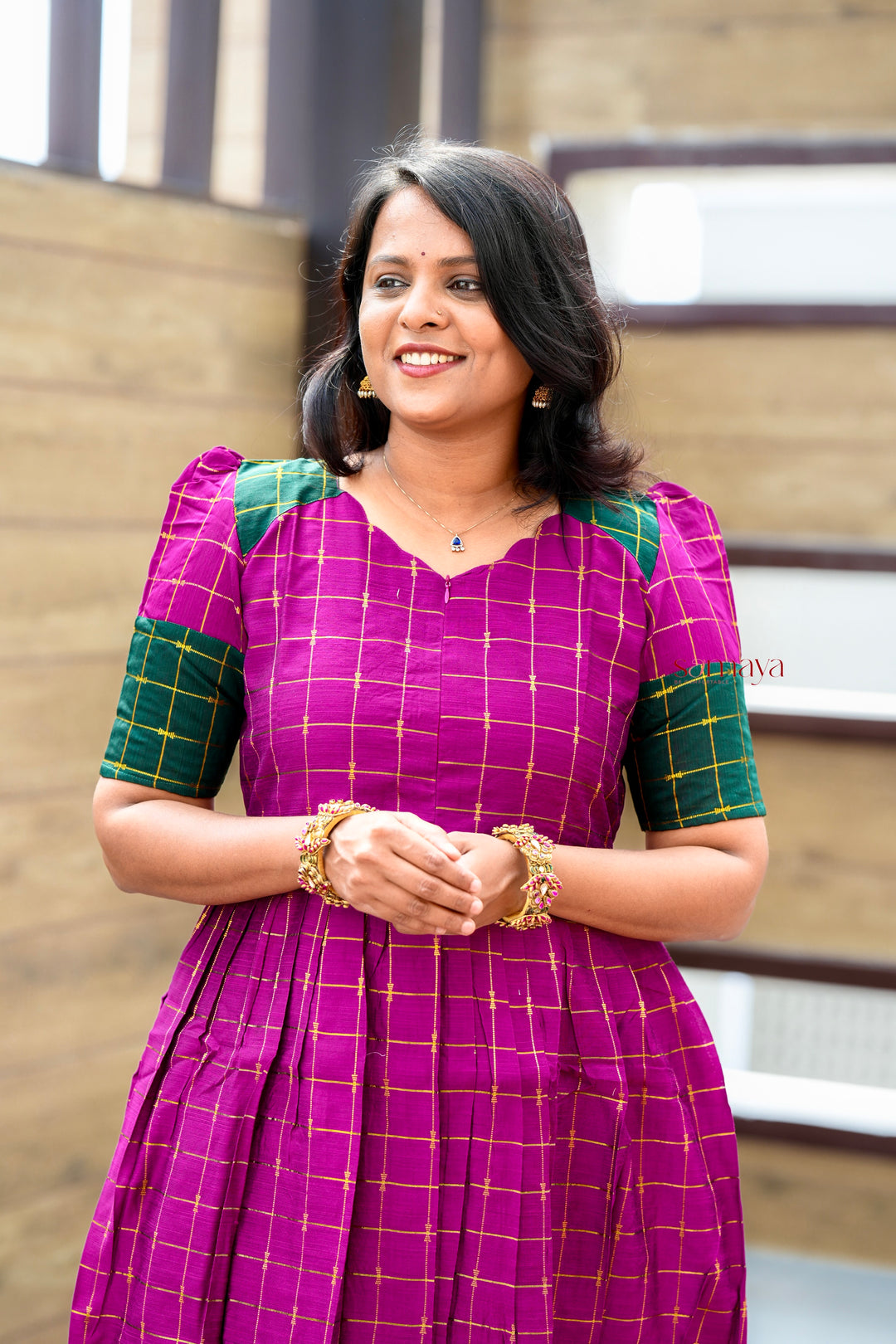 Poongulazi checked maxi Dress With Lining ( pre order )