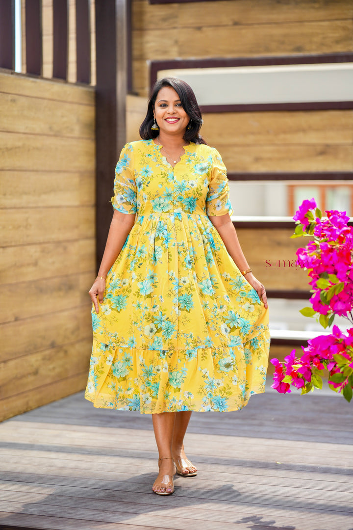 Yellow georgette casual  Dress With Lining ( pre order)