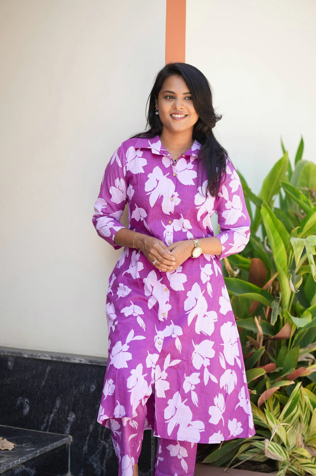 Purple cotton kurta set (button opening)