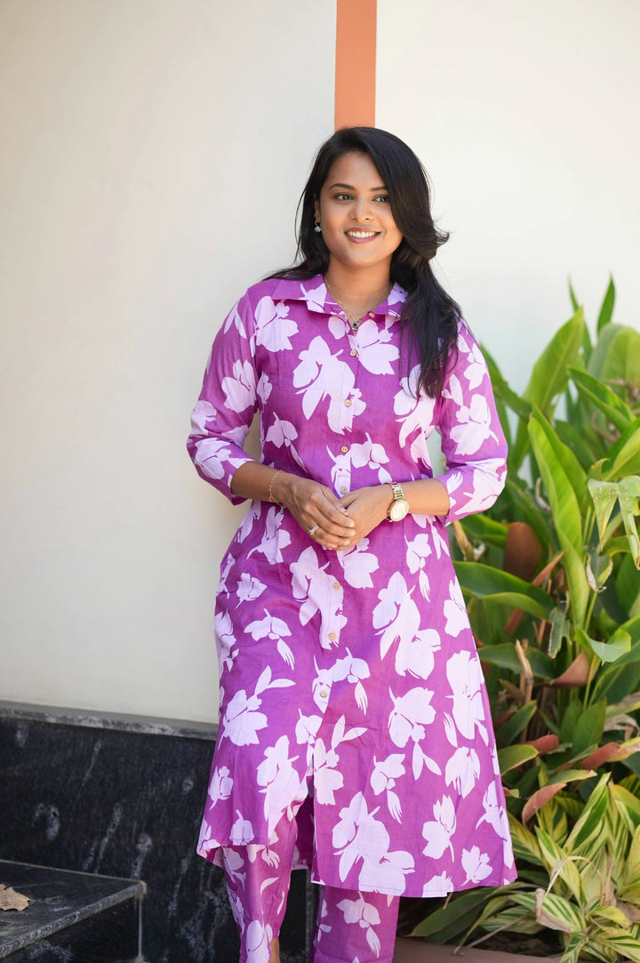 Purple cotton kurta set (button opening)