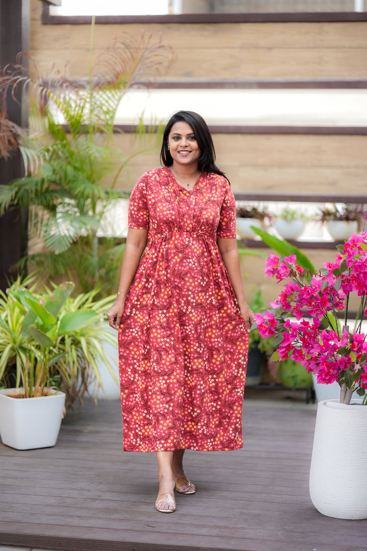 Maxi Rust Orange Light Weight Dress with attached dupptta drape