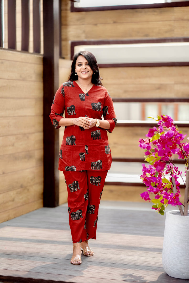 ZARA- Maroon Elephant Night Co-ord Set