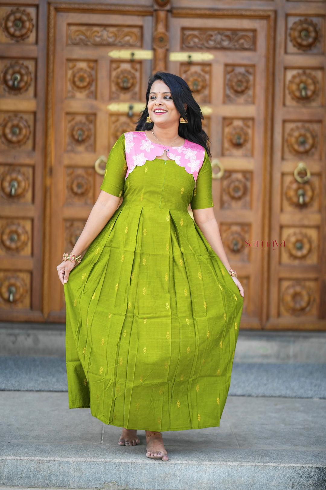 Geethanjali raw silk maxi Dress With chanderi scallop