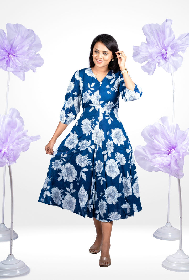 Navy Flower casual Dress With Lining Non-Maternity & Feeding-Friendly Dress