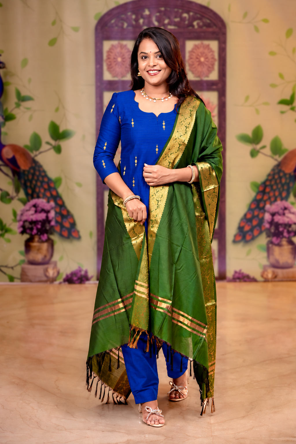 Mahalakshmi -blue raw silk Kurta Set of 3 with golden silk zari dupptta( pre order dispatch on 22 nd October )