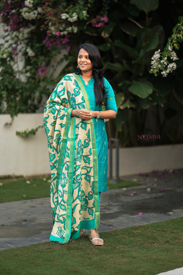 Vaishnavi 3 piece raw silk suit set wth hand painted kalamkari dupptta(pre order)