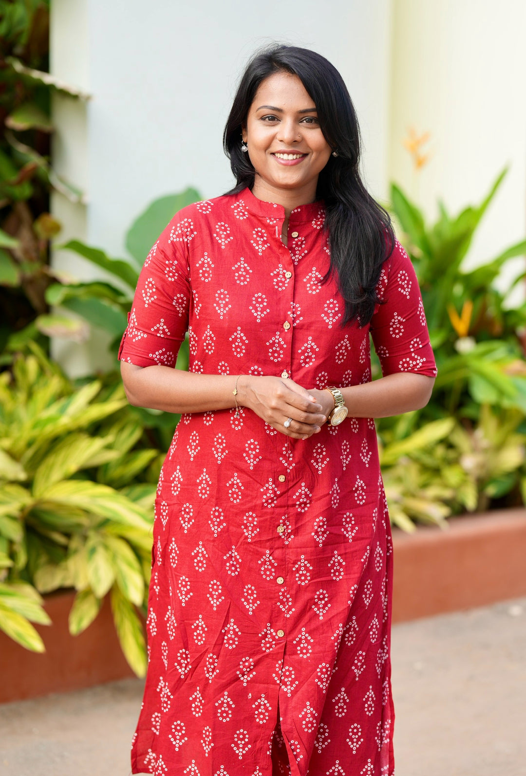 Red cotton kurta set (button opening)