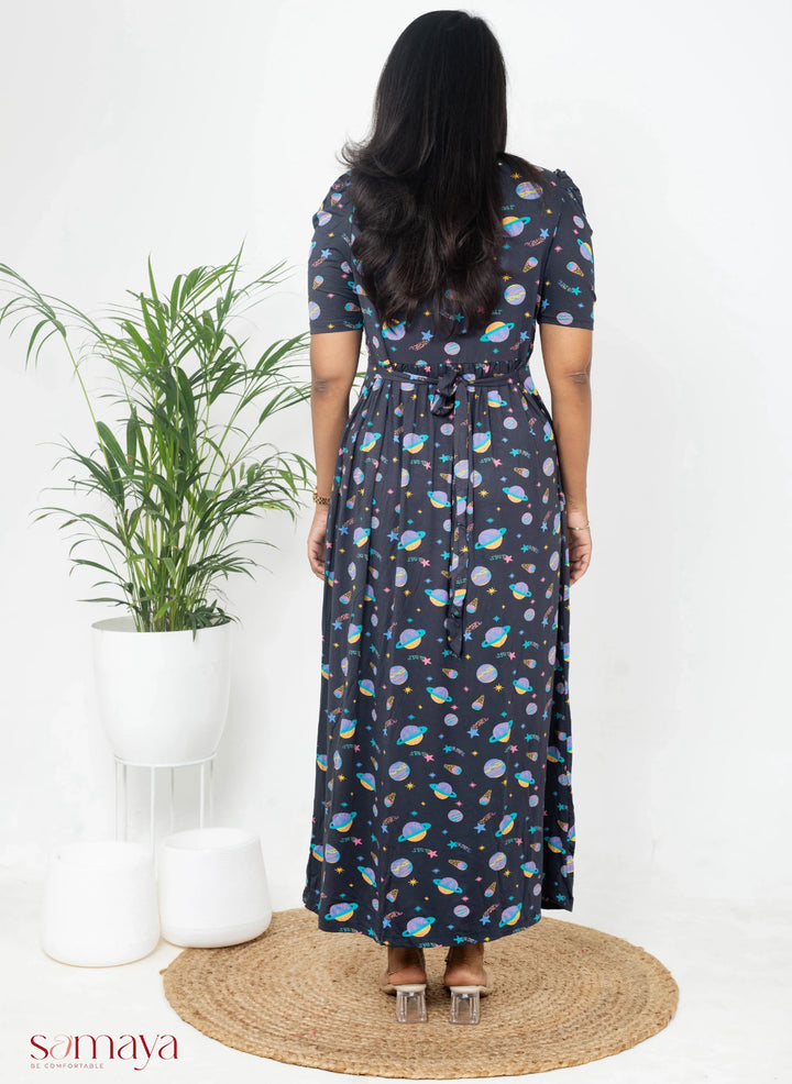 Maxi Grey Planet Light Weight Dress( Minor embroidery variation so sold at sale price )
