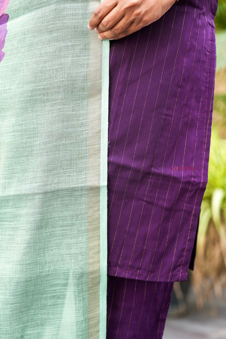 Rohini  raw silk suit set of 3 with linen gold border  duppatta ( pre order)