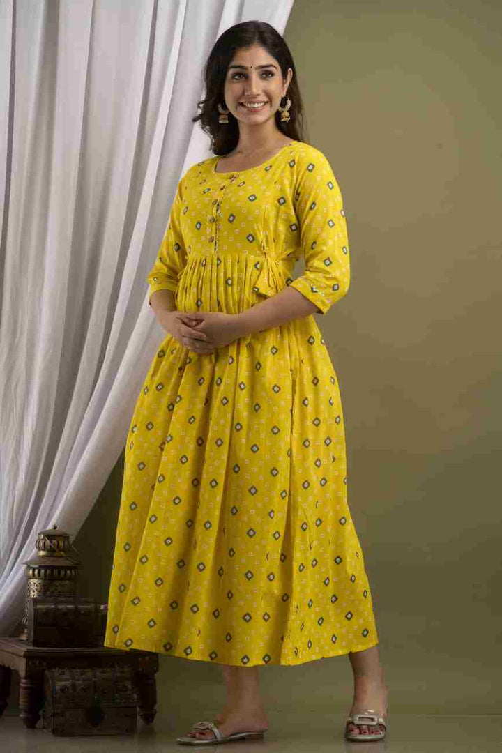 Yellow bandhini Maternity Feeding  kurta