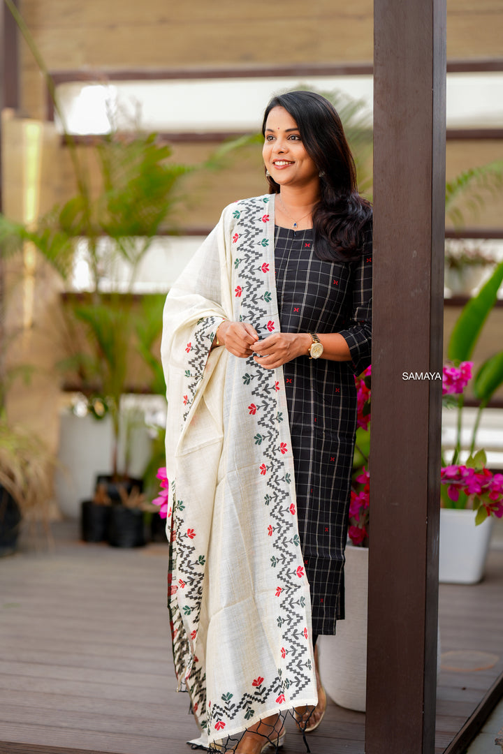 Black checked handloom Cotton 3 piece Set with embroidered dupptta