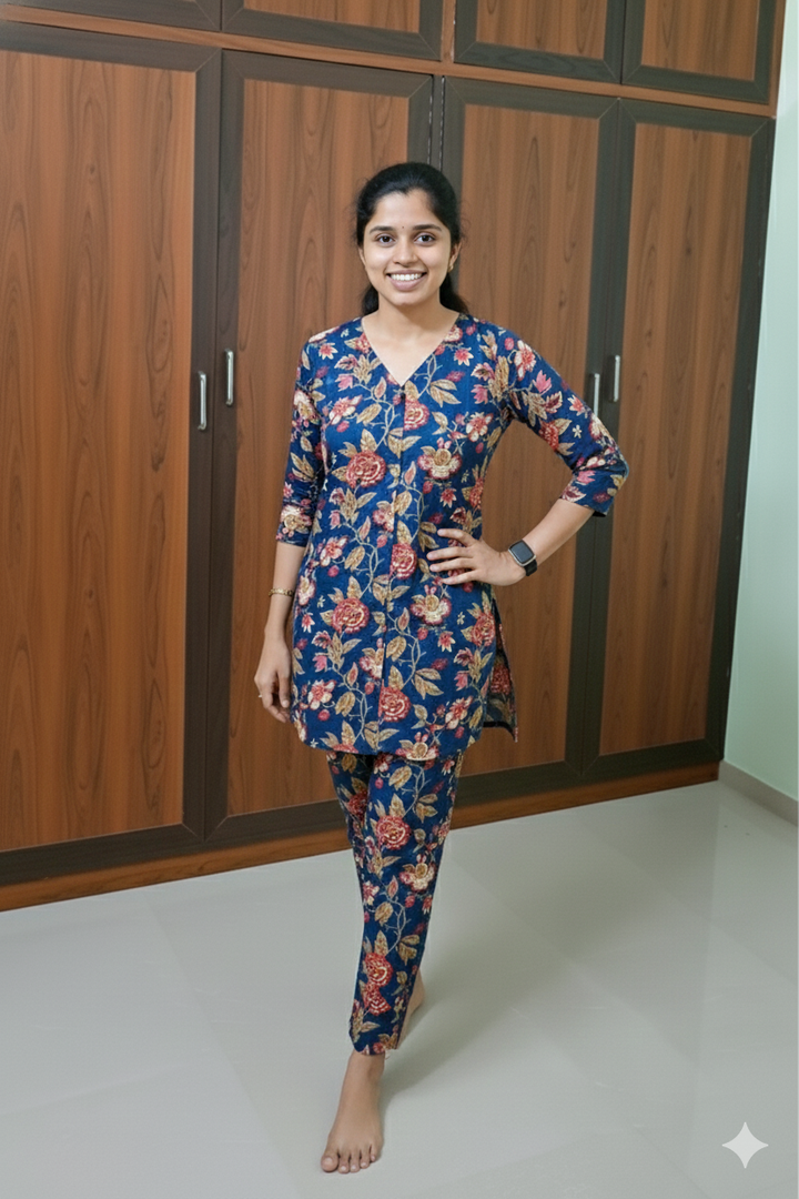 Swara - Navy  Night Co-ord Set (  centre zip )