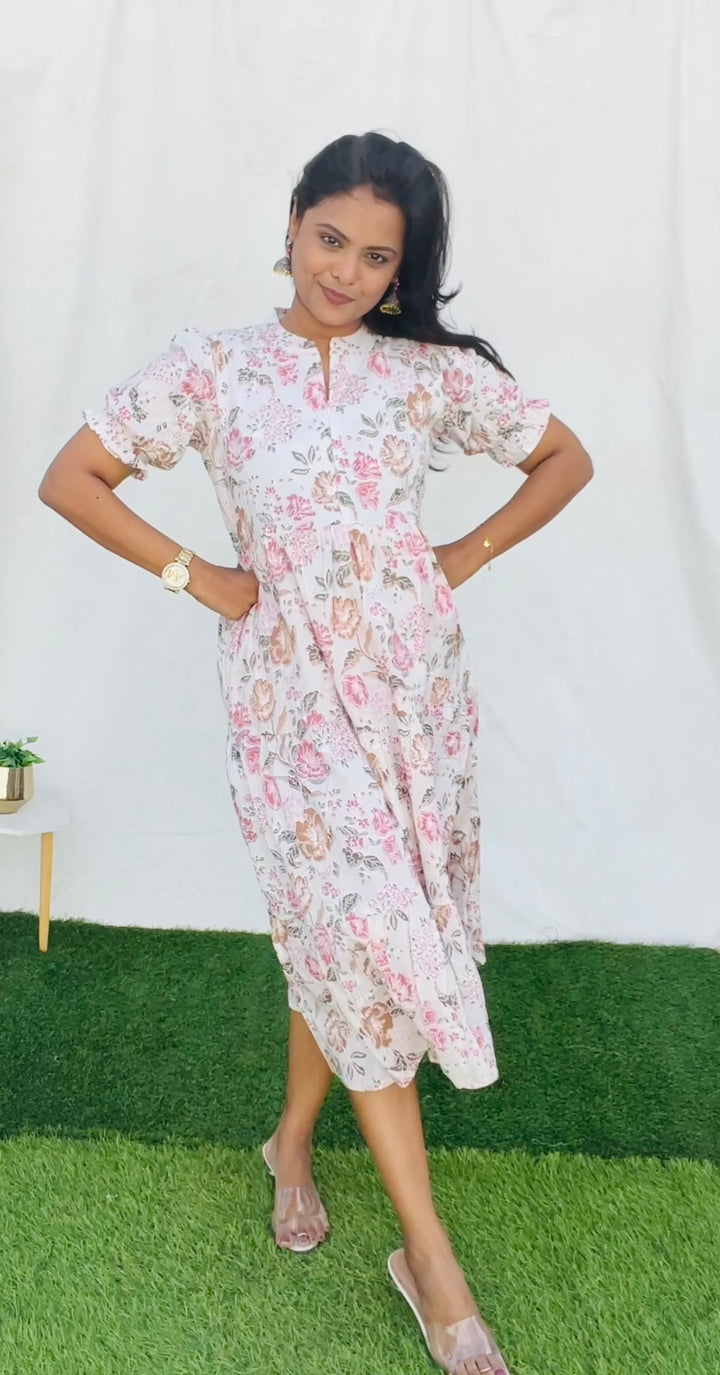 White hand block printed maternity feeding dress with lining ( puff sleeve not 3/4 th sleeve  )