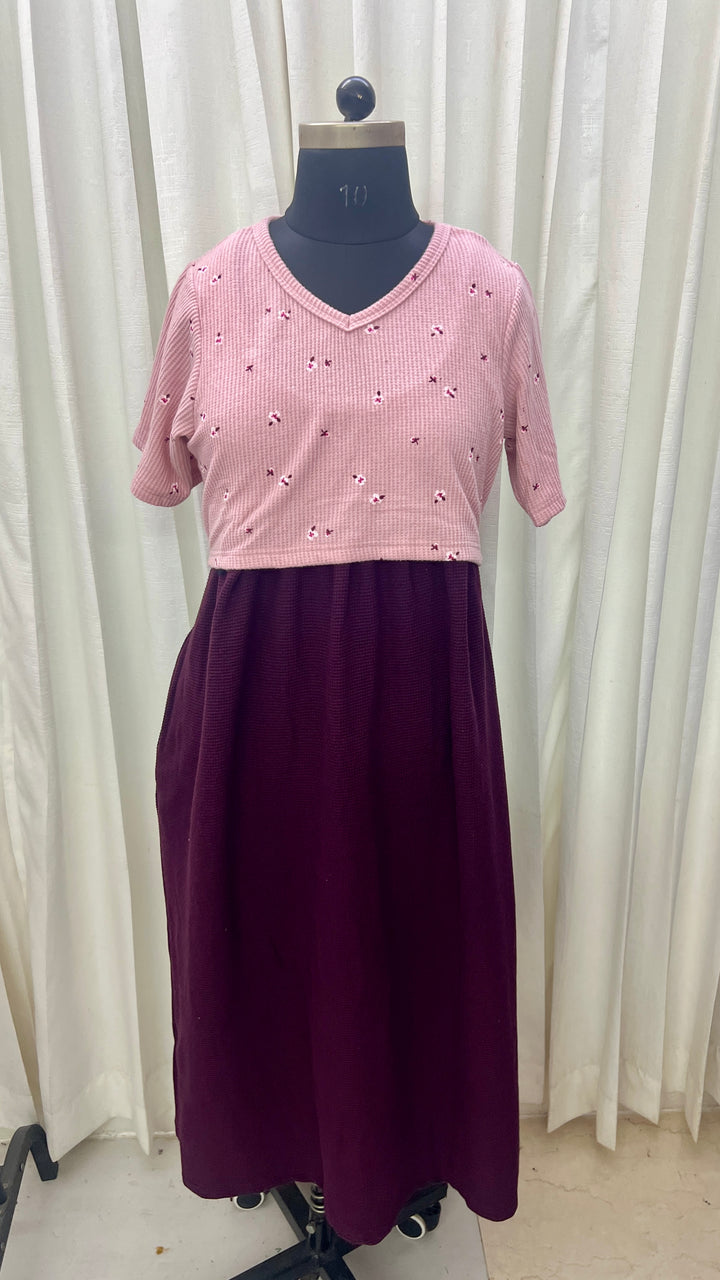 Midi maroon dot thick  rose print Dress