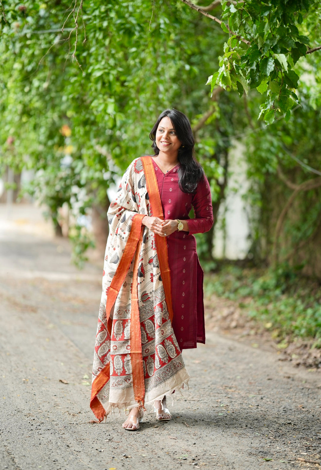 Nithya maroon raw silk Kurta Set with Kalamkari hand painted duptta ( 3 piece set )