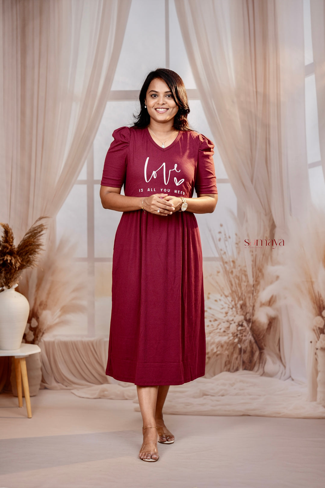 Calf length Wine love Ribbed Light Weight Dress