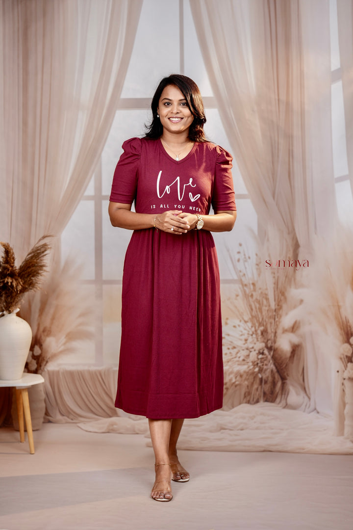 Calf length Wine love Ribbed Light Weight Dress