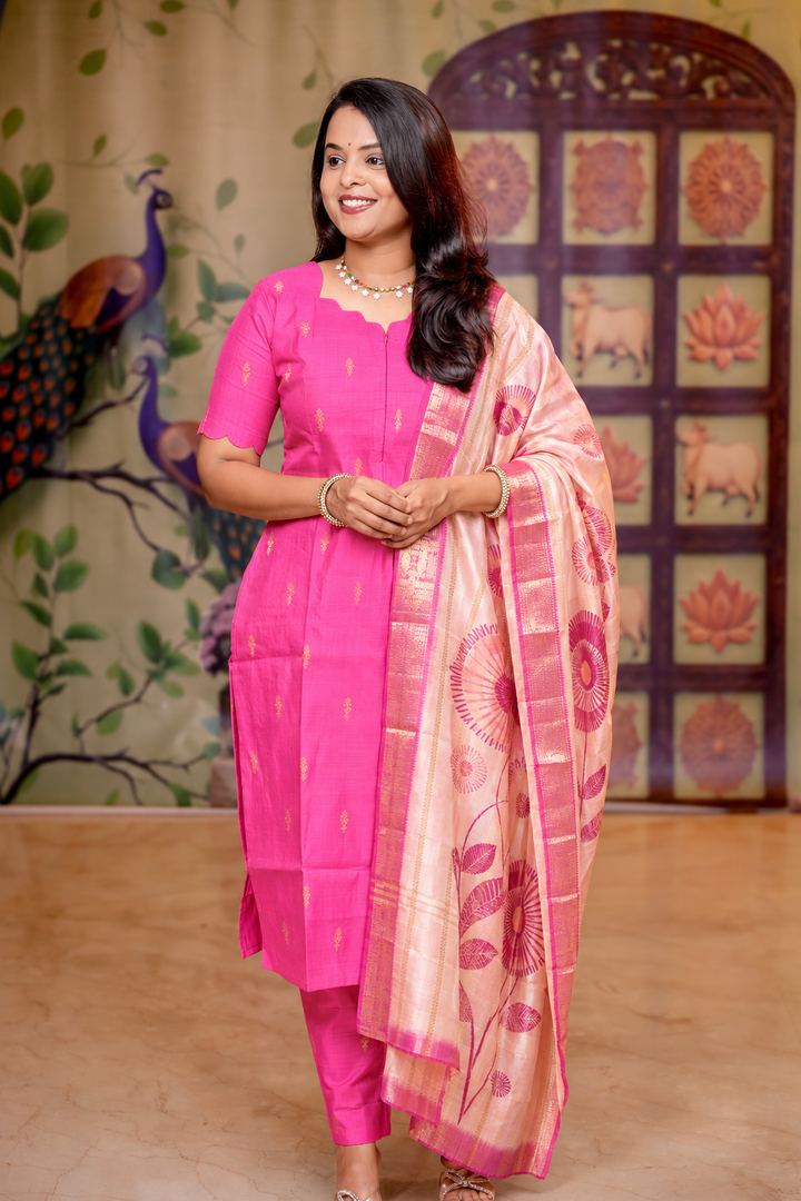 Iniya -pink  raw silk Kurta Set of 3 tissue shimmer zari border dupptta