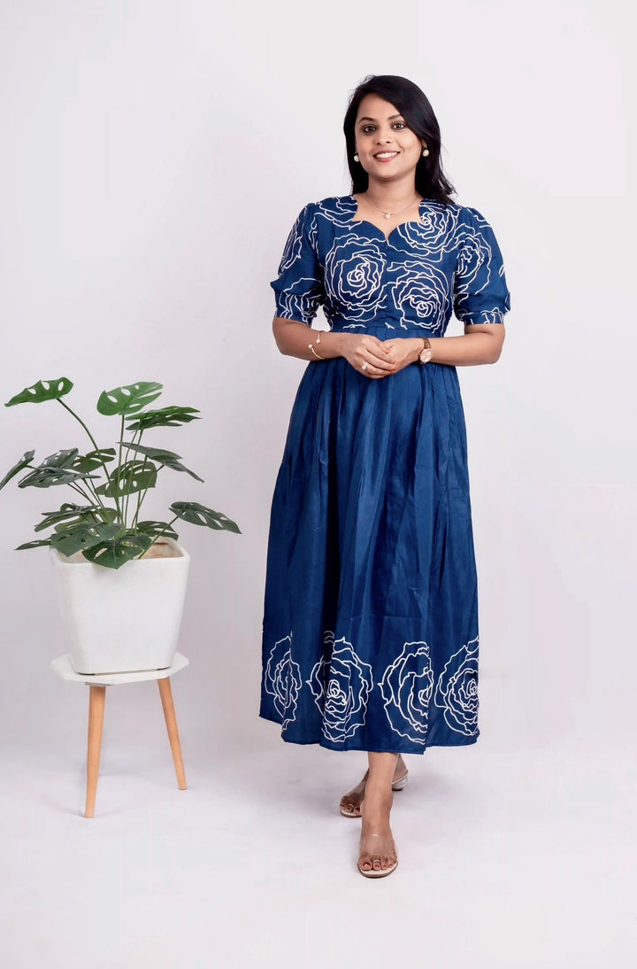 Maxi Flora Blue Dress  Without Lining