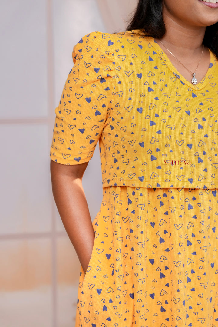 Calf Length Yellow Waffle Light Weight Dress