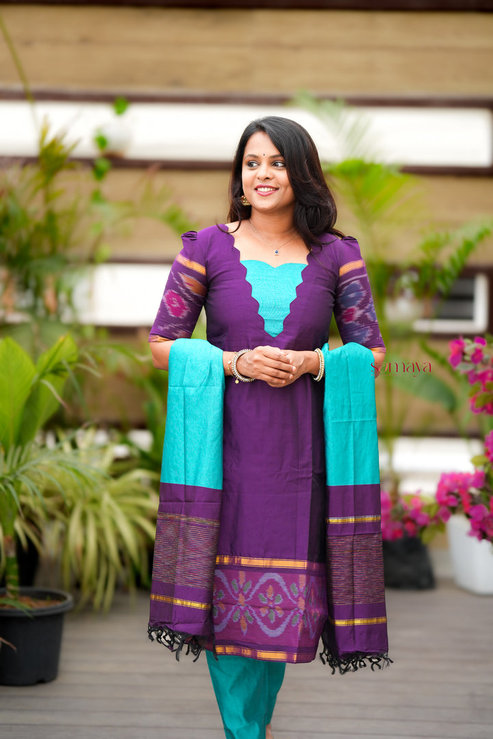 Shanthini -purple  blue   Pochampally 3 piece  suit set with Dupatta