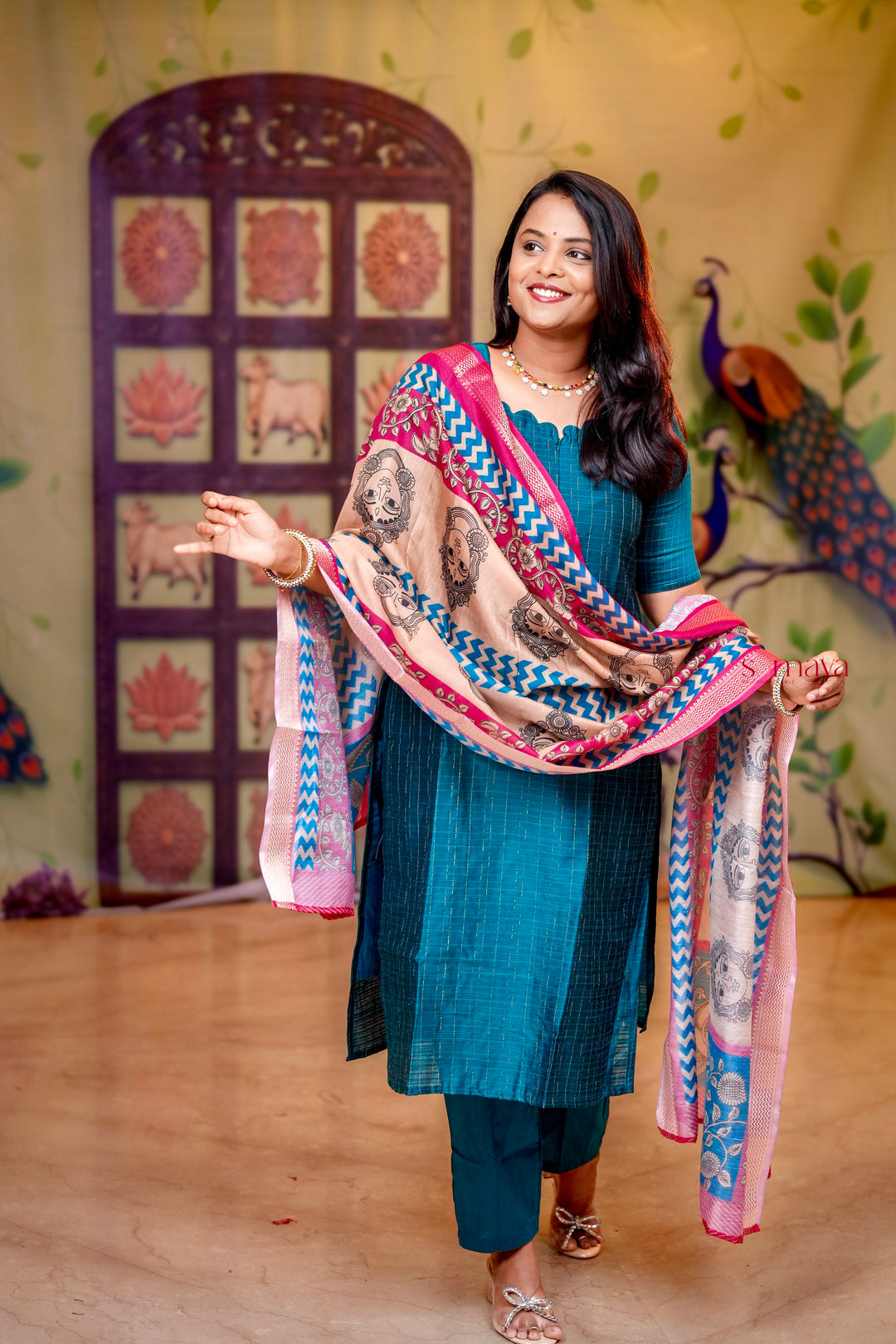 Oviyam raw silk Kurta 3 piece set with kalamkari dupptta