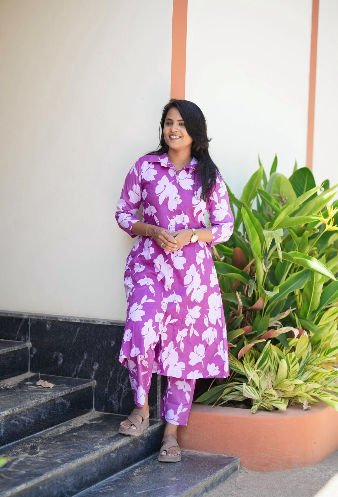 Purple cotton kurta set (button opening)