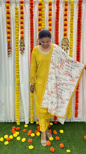 Mustard Kurta with hand embroidery 3 piece Set